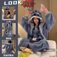 新款史迪仔睡衣女冬季睡袍加厚冬天可愛浴袍韓版加絨加厚長款 睡袍 大尺碼睡衣冬天 睡袍
