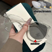 Finished Round Frame Photochromic Myopia Glasses Anti Blue Light Women Men Minus Eyeglasses Retro Color Changing Sun Glasses