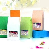 5pcs Tea packaging cardboard Pink kraft paper bag,Clear Window box For Cake Cookie Food Storage Standing Up Paper Packing Bag