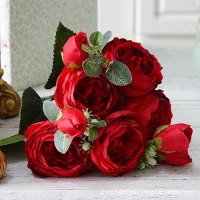 30cm 5 Big Heads 4 Small Bud Bride Silk Rose Bouquet Peony Artificial Flowers Wedding Home Decoration Fake Flowers