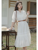 氣質白色連身裙夏季設計感蕾絲鏤空半開領顯瘦小眾長裙子洋裝