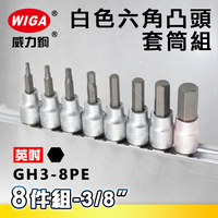 WIGA 威力鋼 GH3-8PE 3/8＂ 8件組英吋白色六角凸頭套筒[ 英吋規格 ]