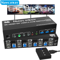8K HDMI DP KVM USB 3.0 Switch 4x3 Triple Monitor 4K 120Hz Extended Display Displayport Switcher 4 In 3 Out for Keyboard Mouse