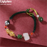 Uglyless Luxury Real 24k Brave Troops Animal Beads Bracelets for Women Infinity Rope Bracelets Natural Jade Black Pearl Jewelry