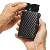 Carbon Fiber Mens Wallet Card Holder RFID Blcoking Pop Up Aluminum Cards Case Slim Male Front Pocket with Banknote Compartment
