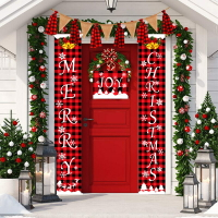 新款圣誕節裝飾用品 紅黑格子門簾拉旗 歐美門掛派對氣氛布置