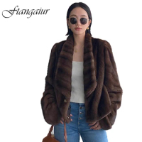 Ftangaiur Winter Coat For Women Import Velvet Mink Fur Coat Women's Full Sleeve Half Turn-Down Collar Real Mink Fur Short Coats