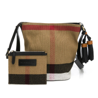 【BURBERRY 巴寶莉】經典格紋棉麻流蘇斜背水桶包(多色選)