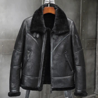 2019 New Mens Black Shearling Jacket B3 Flight Jacket Sheepskin Aviator Winter Coat Fur Bomber Leather Jacket
