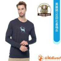 【荒野 WildLand】男 100%美麗諾150印花長袖衣.抗菌抗臭.四面彈性/0B02602-93 深灰色