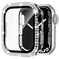 Bling Glass+Cover For Apple Watch Case 45mm 41mm 40mm 44mm Diamond Tempered bumper Screen Protector iwatch series 8 7 6 5 4 3 SE