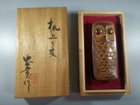 日本金工名家 馬場忠寬 作 鐵鑄 印泥盒，可愛貓頭鷹造型，重