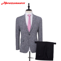 Abruzzomaster Gery Man Suits Tweed Jackets for Groom Tuxedos Textured Wedding Suit 2 Pieces Tailor Suit Man Coat
