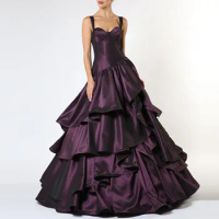 New Couture Dark Purple Layered Taffeta Evening Dresses Vintage Puffy A-line Long Evening Gowns Female Maxi Gowns To Party