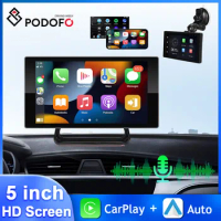 Podofo 5'' Dash Cam Car Monitor Dashboard Car Video Player Wireless Carplay Android Auto Airplay with 4K Front Camera AI Voice