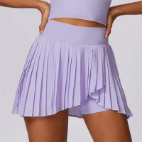 Sports Tennis Short Skirt Women's Summer Pleated Fake Two-piece Quick Drying Skort Fitness High Waist Pocket Yoga Running Skirts