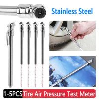 1-5PCS Stainless Steel Pen Shaped Car Vehicle Tire Air Pressure Test Meter Gauge Silver Universal Car Tire Meter Gauge Barometer