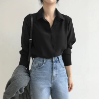 Áo Cánh Voan Cho Nữ, Phong Cách Hàn Quốc Mùa Thu, Áo Sơ Mi Cơ Sở Dáng Rộng, Màu Đen, Áo Sơ Mi Công S