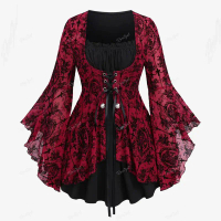 ROSEGAL Plus Saiz Gothic Bell Lengan Cross Floral Mesh Berbondong-bondong Lace Up Ruched Ruffles 2 d