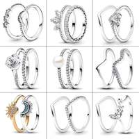 2024 New 925 Silver Ring Pearl Ring Rose in Bloom Ring Sun &amp; Moon Ring Set Ring Pandora Ring For Women Gift Fine Jewelry DIY