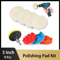 3 Inch Drill Polishing Pad Kit 9 Pcs with Wool Buffing Sponge Waxing Pads Backing Pad M10 Drill Adapter for Car Buffer Polish