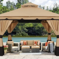 10'x10' Outdoor Gazebo, Double Roof Patio Gazebo with Shade Curtains, Beige