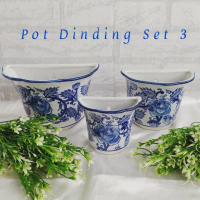 Pot Dinding Keramik Biru Putih set 3pcs / Pot Gantung Keramik Bir Putih