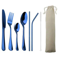4-Pcs Blue Dinnerware with 2-Pcs Metal Straw Stainless Steel Colorful Tableware Knife Fork Teaspoon Silverware Cutlery