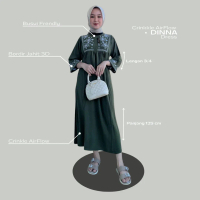 Dinna Midi Dress Crinkle Premium Lengan 7/8 Motif Bordir Wanita Terbaru Original Bintaang.shop