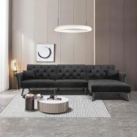 Sofa living room velvet convertible sleep puff sofa, button tufted sectional sofa bed black air single modern furniture, Black