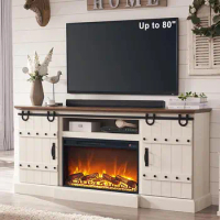 OKD 70" Fireplace TV Stand for 75+ 80 Inch TV, Farmhouse Highboy Entertainment Center with 30" Electric Fireplace &amp; Sliding Barn