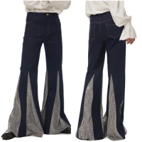Retro Vintage Disco Mid Waist Bell Bottom Super Flares Long Pants Trousers Jazz Dance Patchwork Trousers Halloween Carnival Suit