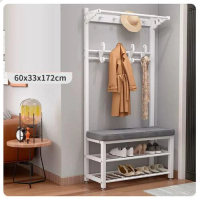 落地衣架鞋櫃鞋凳一體組合【60CM衣帽架+鞋凳【白架-灰色】（尺寸：60*33*172CM） 