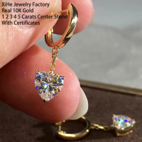 Real 10K Solid Gold Women Drop Earrings 0.5 1 2 3 4 5 Carat Heart Moissanite Diamond Drop Clip Earrings Tassel 3 Claws Trendy
