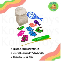 Mainan anak pancing ikan magnet dengan tas keranjang dan serok ikan