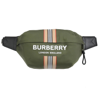 【BURBERRY 巴寶莉】品牌大LOGO條紋三用胸口包腰包(綠)