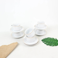 Cangkir Keramik Garis Emas 6 Pcs Set dengan Tatakan, 3 Pilihan Warna Elegan (Putih, Hitam), Food Gra