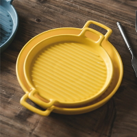 雙耳盤子創意圓形網紅盤子披薩烤盤陶瓷烤箱用微波爐專用碗盤子