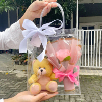 BUKET BUNGA DAN BONEKA DALAM TAS MIKA TRANSPARAN BOUQUET FLOWER BOUQET FLOWERS TEDDY BEAR BERUANG DO