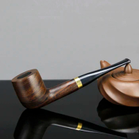 New Straight Tobacco Pipe 9mm filter Ebony Wood Pipe Handmade Metal Ring Smoking Pipe Vintage Smoke Pipe Accessory