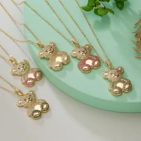 Big Cute Teddy Bear Necklaces for Women Copper CZ Crystal Fuchsia Bear Necklaces Statement Animal Jewelry Gifts