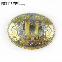 The Bullzine western flower with letter "U" belt buckle with silver and gold finish FP-03702-U for 4cm width snap on belt