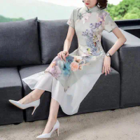 Vietnam Traditional Style Ao Dai Vintage Floral Chiffon Cheongsam Short Sleeve Retro Chinese Qipao Wedding Evening Dress P1