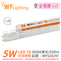 舞光 LED 5W 3000K 黃光 全電壓 1尺 T8 日光燈管 玻璃管 _ WF520291