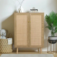 Anmytek Rattan Cabinet, 44" H Tall Sideboard Storage Cabinet with Crafted Rattan Front, Entryway Shoe Cabinet