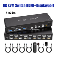 8K HDMI+Displayport KVM Switch 2 Monitors 4 Computers 4K 144Hz Dual Display 4x2 USB 3.0 KVM Switch for 4 PC Share Keyboard Mouse