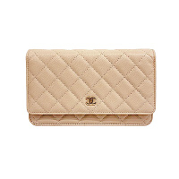 CHANEL 香奈兒 經典WOC 雙C LOGO小牛皮菱格紋鏈帶包(奶茶色*金)