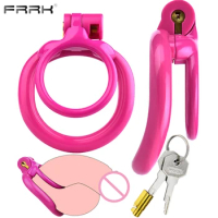 FRRK Hard Plastic Pink Male Chastity Lock Cock Cage Device with 4 Penis Rings for Adults Man Shaft Ring BDSM Toys Sex Shop