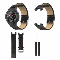 Suitable For Huami Amazfit T Rex / T Rex Pro Black And Red Car Line Leather Strap Intelligent Accessories