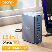 IDSONIX DisplayLink Docking Station Dual Monitor 15 in 1 USB C 3.0 Dock Station with Dual HDMI Display 4K 100W PD Ethernet SD/TF